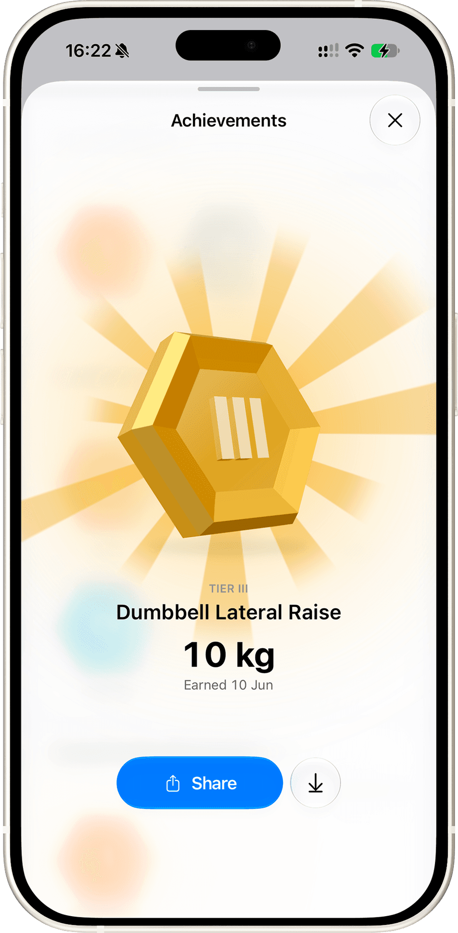 A tier III achievement for the Dumbbell Lateral Raise at 10 kg
