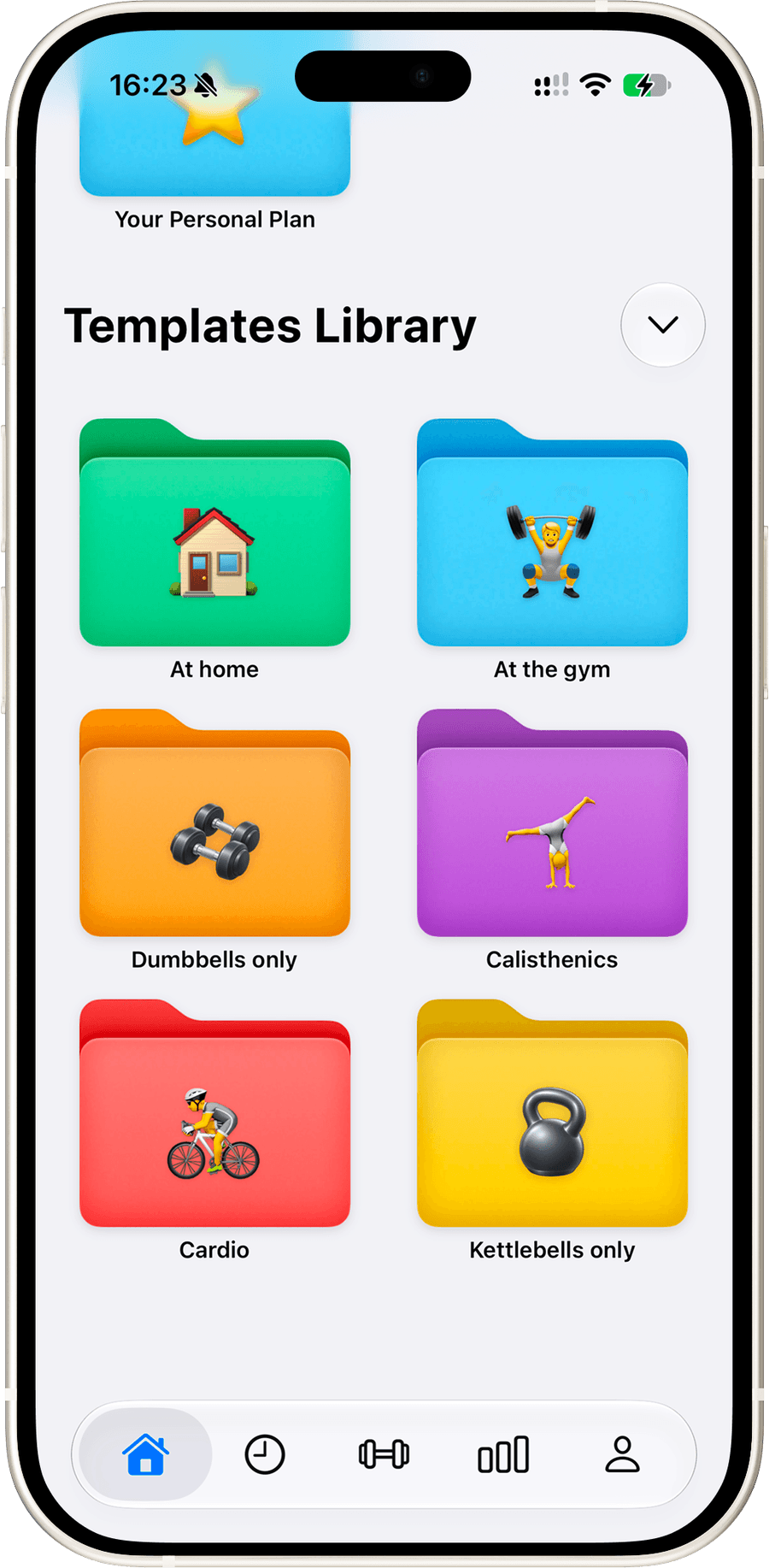 The Templates Library with plans for home, the gym, dumbbells only, calisthenics, cardio and kettlebells