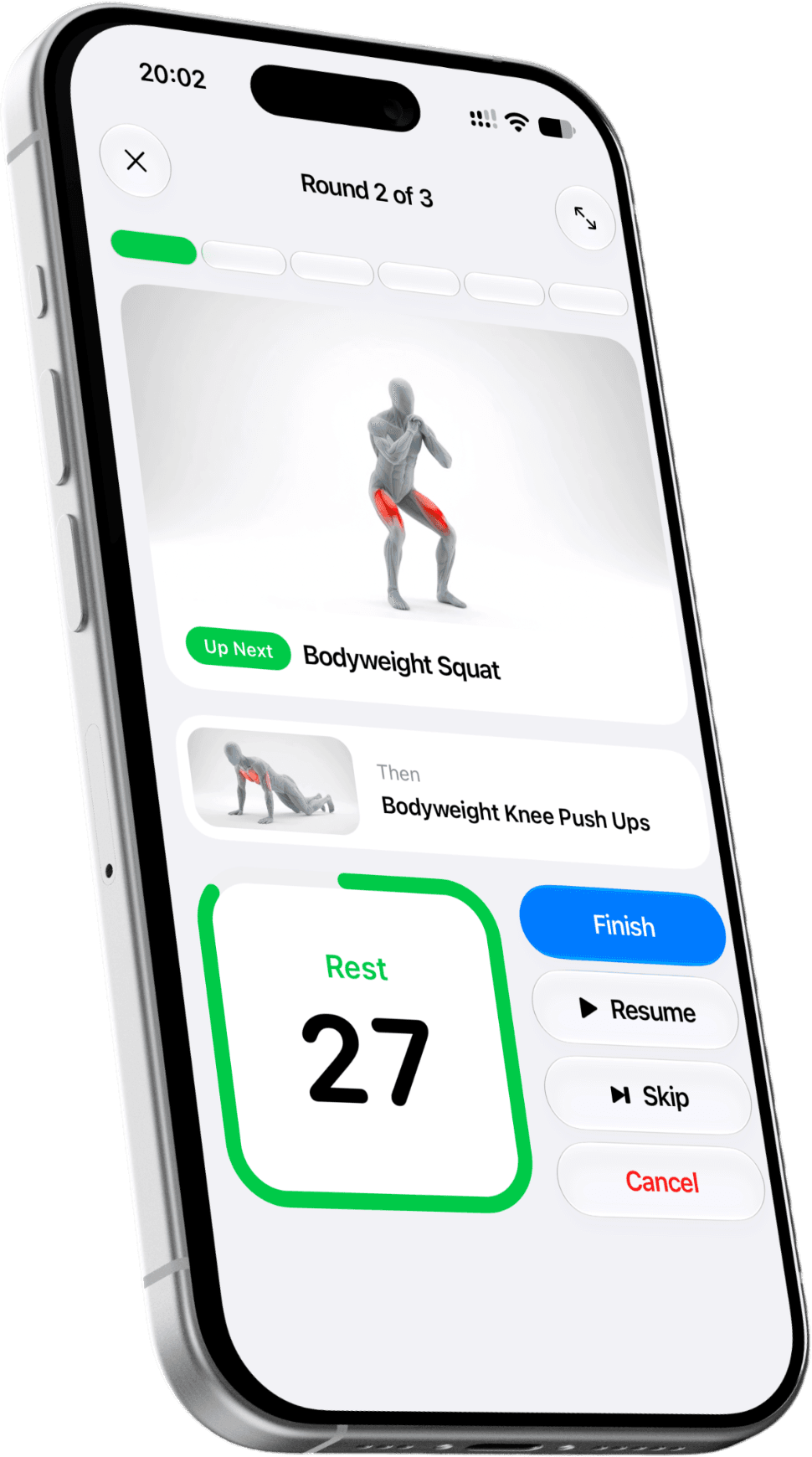 A circuit showing the rest countdown, round 2 of 3, and the bodyweight squat up next