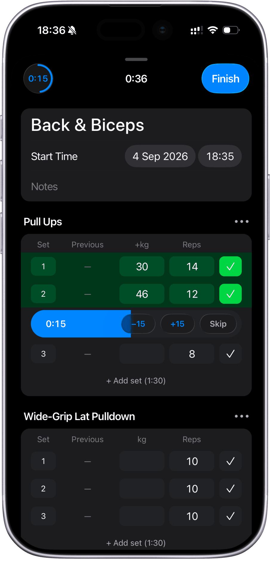 A Back & Biceps workout in dark mode