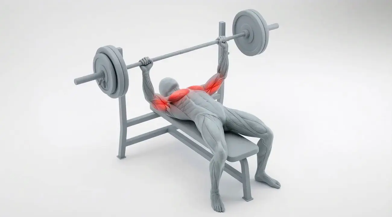 Barbell Bench Press demonstration, with the chest highlighted