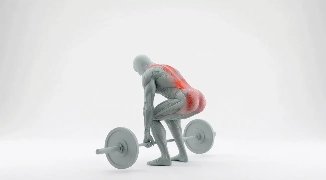 Barbell Deadlift demonstration, with the traps and core highlighted