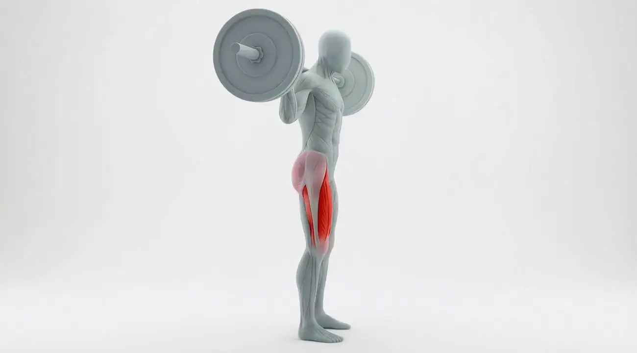 Barbell Squat demonstration, with the quads highlighted